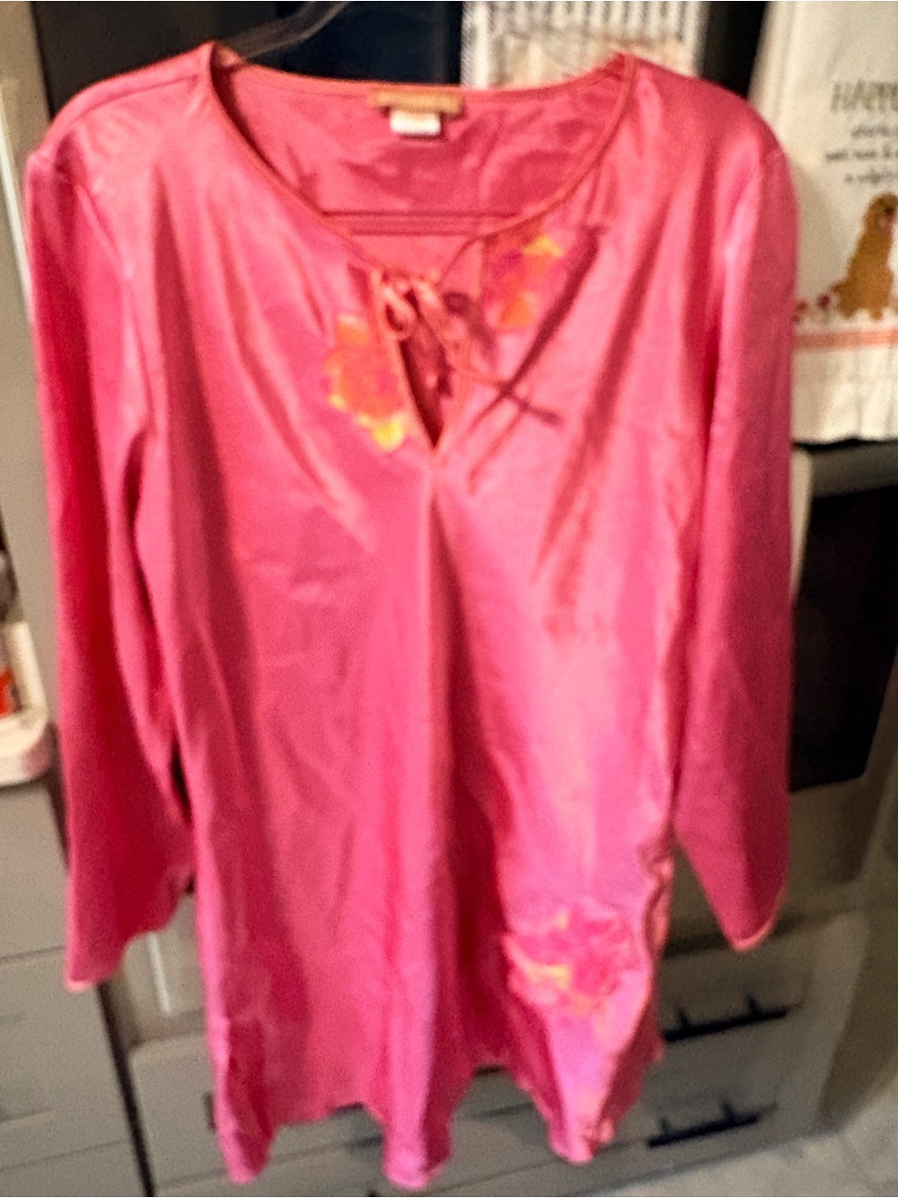 Women’s Pink Long Sleeve night gown with Floral Accents